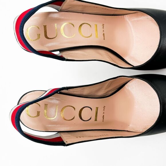 Gucci Sylvie Pumps Web Stripe Black Leather Slingback Heels Size 40, 10 - Picture 9 of 13